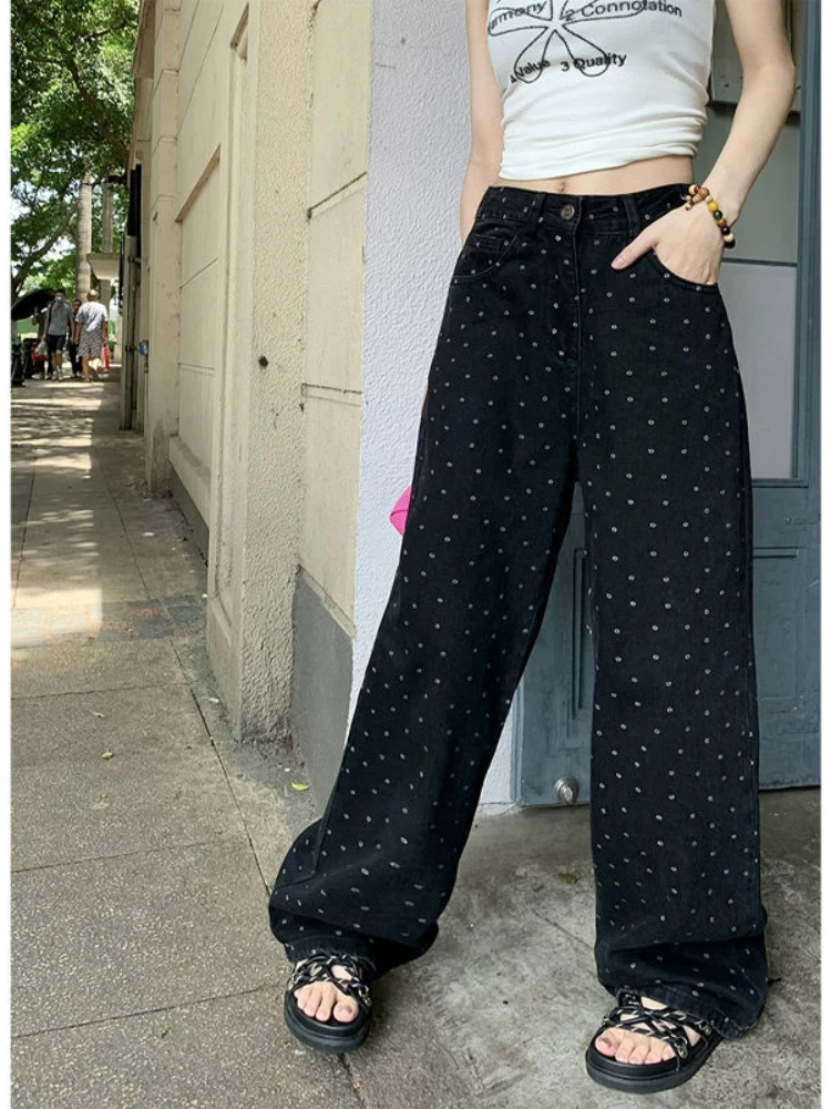 Black Polka Dot Straight Jeans Women High-waisted Loose Wide Leg Pants Autumn Winter Fashion Korean Y2k Streetwear Long Trousers