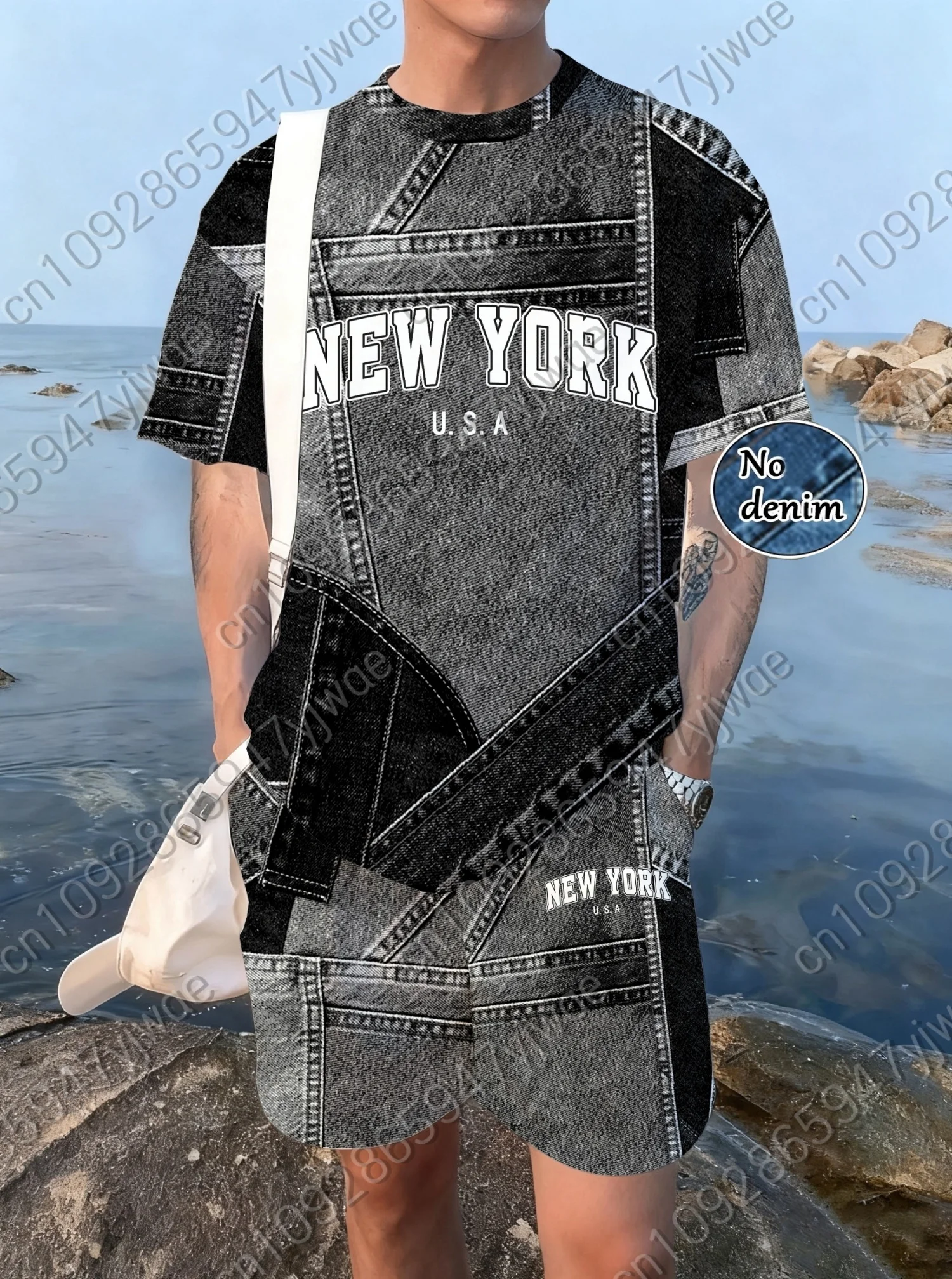 2026 Summer  Men 2pcs Set Mens New York Pattern No Denim T-Shirt Shorts Set Adult men Jogging Plus Size Tracksuit 2 Piece Set