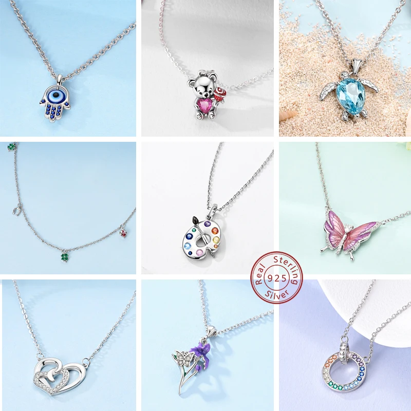 Necklace For Woman Wedding Fine Jewely 925 Sterling Silver Simple Basic Classic Butterfly Iris Heart Bear Cross Chain Necklace