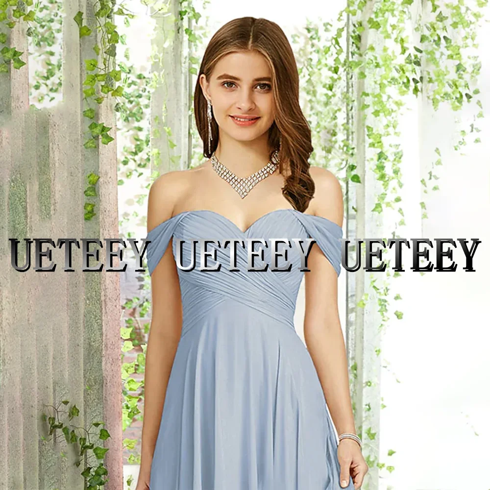 カスタマイズされた A ラインのブライズメイドドレス スプリットオフショルダー ノースリーブ エレガント フロアレングス シフォン ウェディング パーティー ドレス ブラシ