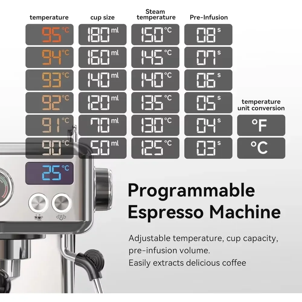 Programmable Espresso Machine with Espresso Cup, H10A, Brushed Stainless Steel, Adjustable Temperature and Cup Volume,Steam Wand