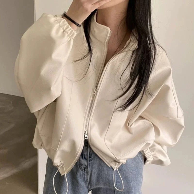 

Женская кожаная куртка Y2K, свободная однотонная куртка с воротником-стойкой и длинным рукавом, модная уличная одежда, женская верхняя одежда с завязками на молнии