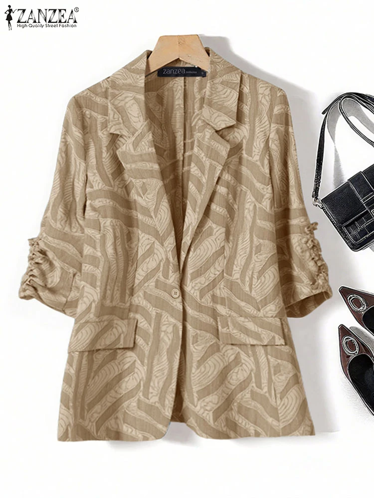 ZANZEA 2025 Elegante Büro Dame Blazer Frauen Mäntel Streetwear Herbst 3/4 Hülse Drucken Stilvolle Strickjacken Beiläufige Lose Tunika Anzüge