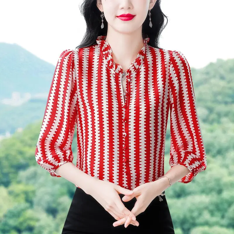 

Fashionable Silk Chiffon Striped Shirt Women's Summer New Style Qipao Sleeveless Top Mom's Trendy Top Korean Style Loose Fit