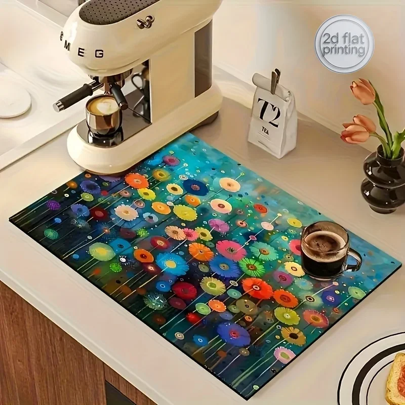 Polyester Absorbent Dish Drying Mat, 1pc, Featuring a Floral Design. This Versatile Draining Pad Is Suitable for Coffee Machines