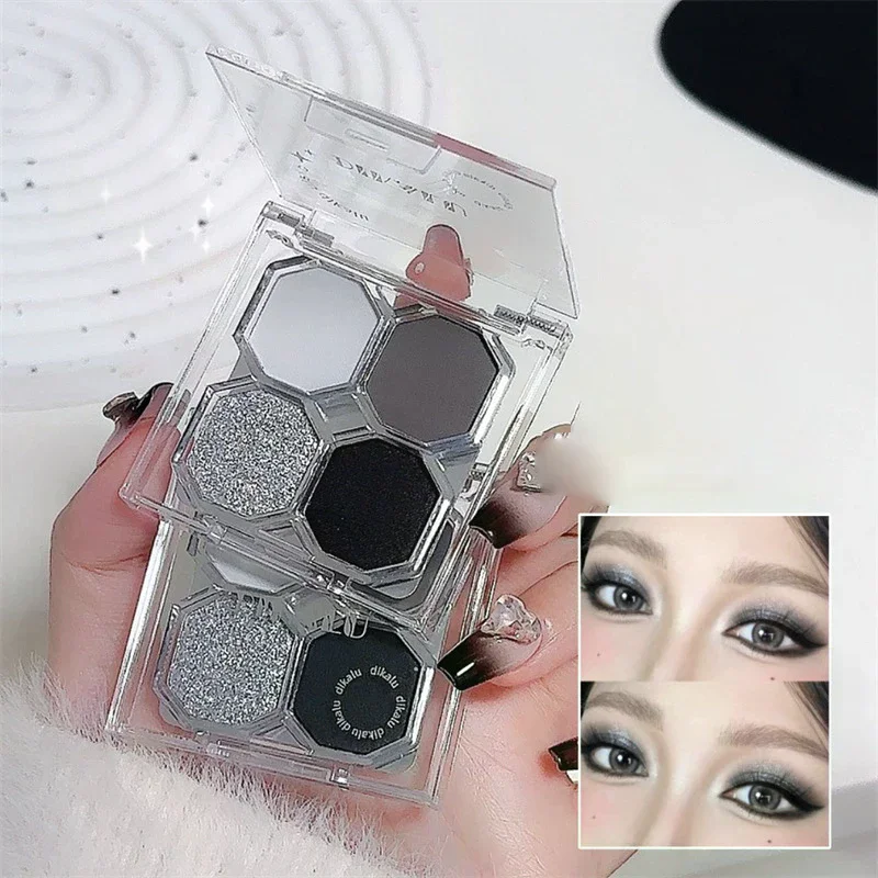 DIKALU 4-Color Punk Smokey Matte Glitter Eyeshadow Palette Shimmer Eye Shadow Makeup Palette Cool Toned Gray Black Eye Palette