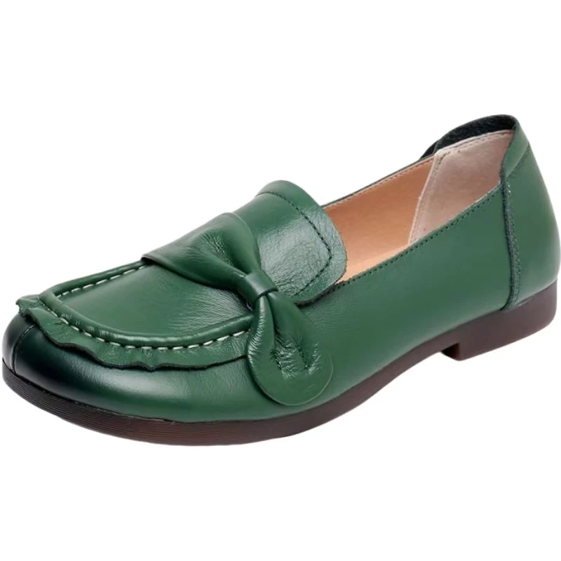 Woman Bowknot Shallow Flat sole Nude Shoes Spring Summer New Soft Sole Square Toe Slip On Genuine Leather Mom Shoe Commuter Shoe