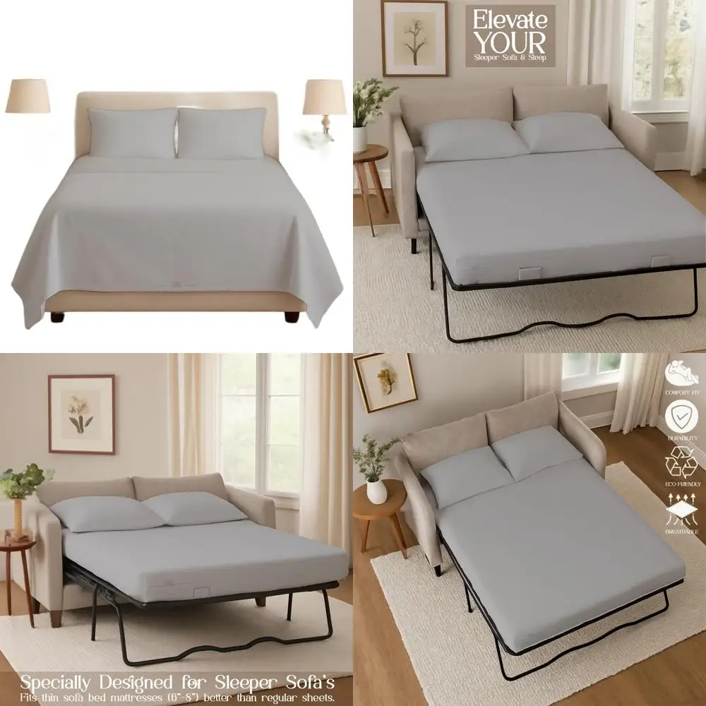 

Full Size Cotton Sleeper Sofa Bedding Set, 400 TC, 4-Piece, Deep Pocket, Silver Grey