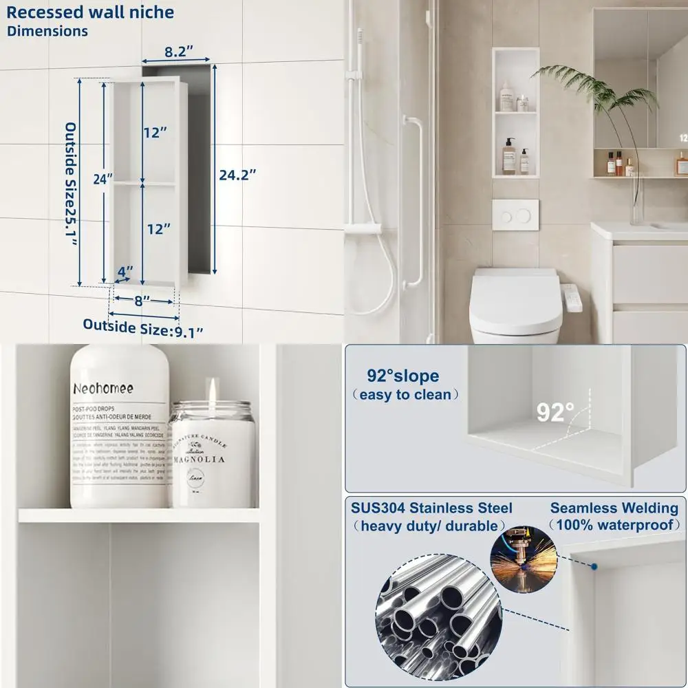 

Double-Tier Stainless Steel Shower Niche, Waterproof Recessed Wall Shelves, No Tile Required (8x24 Inch, White)
