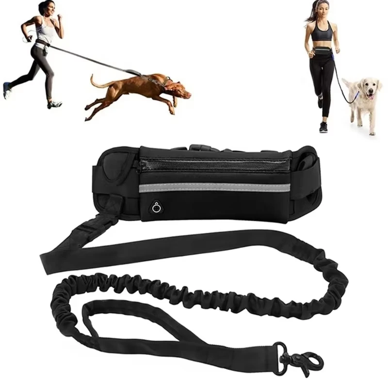 HOMEFISH Laisse pour chien mains libres réfléchissante avec sac banane rétractable et élastique pour la course et la marche Fournitures pour animaux de compagnie HD