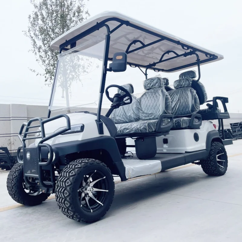 

Hot Selling 5KW Motor 60V 4 Wheel Classic Shuttle Bus Off-Road Electric Golf Cart Black Seat With Headrest Bumper Off-Road Tires