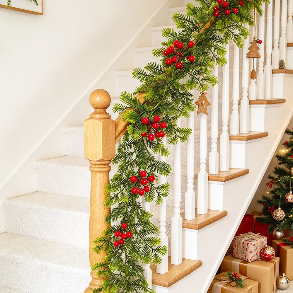 175cm Artificial Christmas Pine Tree Vine Fake Palm Plants Vine Hanging Faux Persian Garland Red Berry For Xmas Home Party Decor