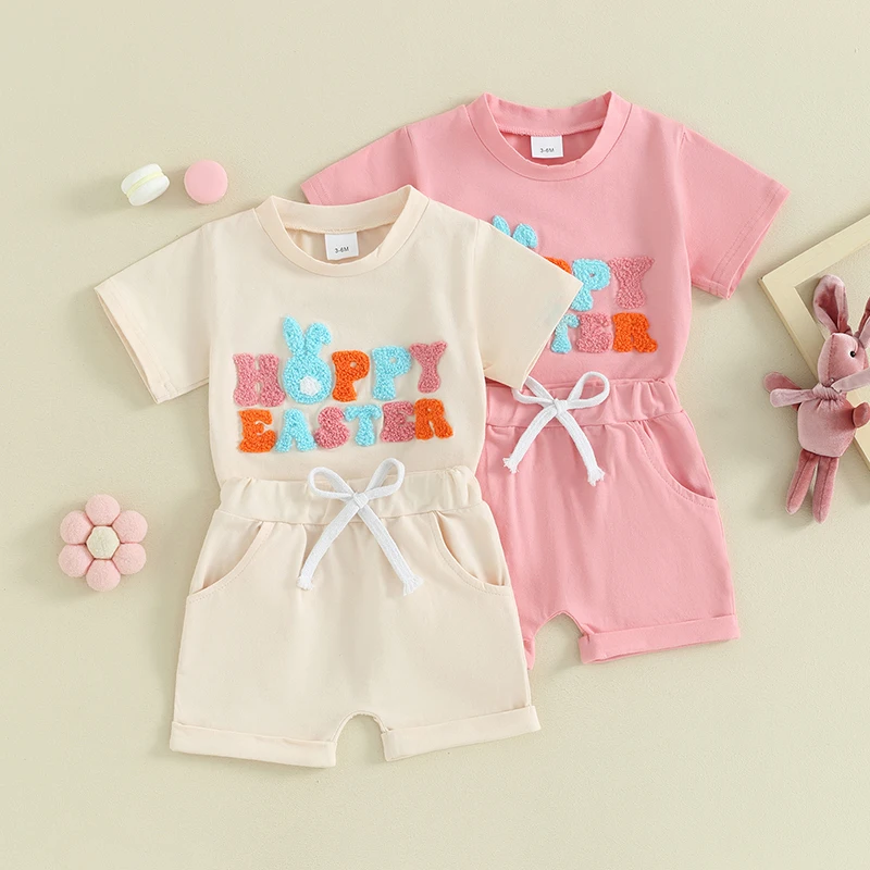 

Lioraitiin Toddler Baby Boy Girl Easter Outfit Summer Clothes Short Sleeve T Shirt Bunny Print Top Set Elastic Waist Shorts