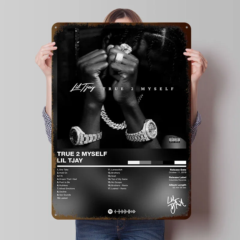 Lil Tjay - True 2 Myself ملصقات صفيح قابلة للتخصيص جدار الفن علامات معدنية عتيقة لتزيين غرفة النوم المنزلية