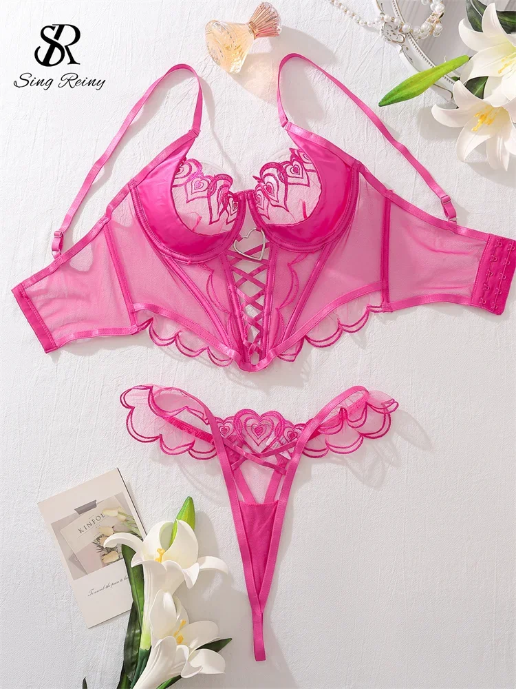 

SINGREINY Women Love Embroidery Sexy Underwear Sets Transparent Club Female Sleepwear Cross Bandage Slim Erotic Bra&Brief Suits