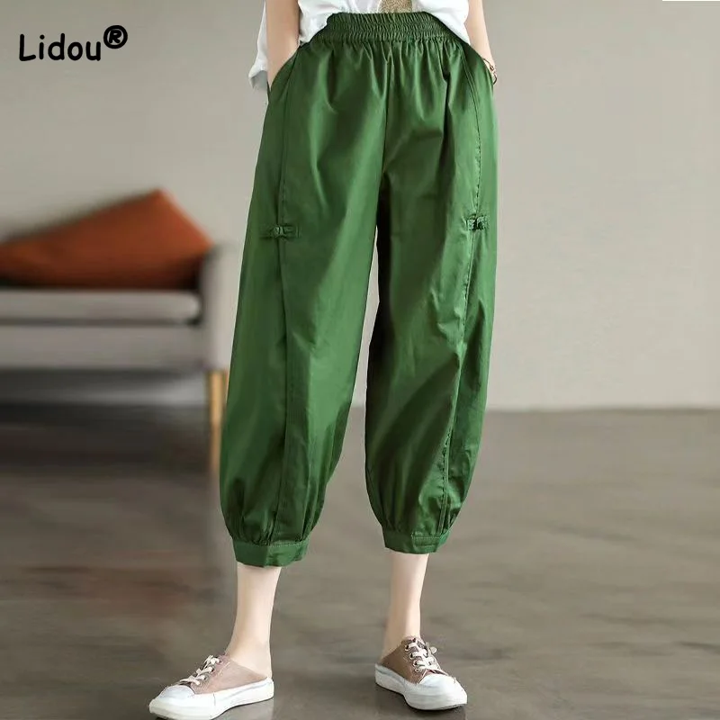 Cotton Seven Points Trousers for Women New Summer 2023 Elastic Waist Patchwork Pockets Solid Loose-fitting Casual Harem Pants