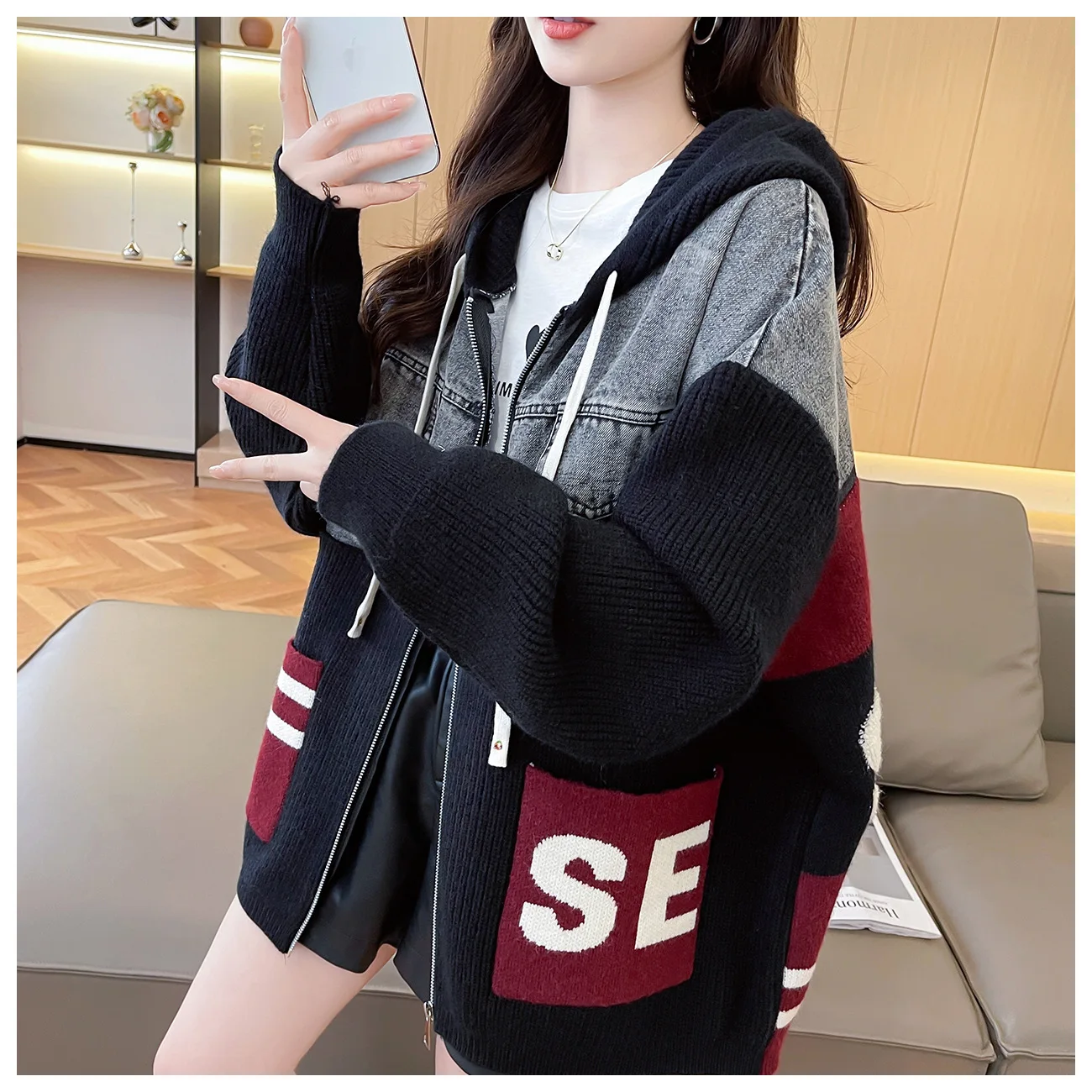 سترة بقلنسوة من قماش الدنيم المحبوك غير الرسمي معطف نسائي ياباني كوري أنيق بسحّاب ملابس علوية كبيرة الحجم ملابس خروج فيستدوس #3