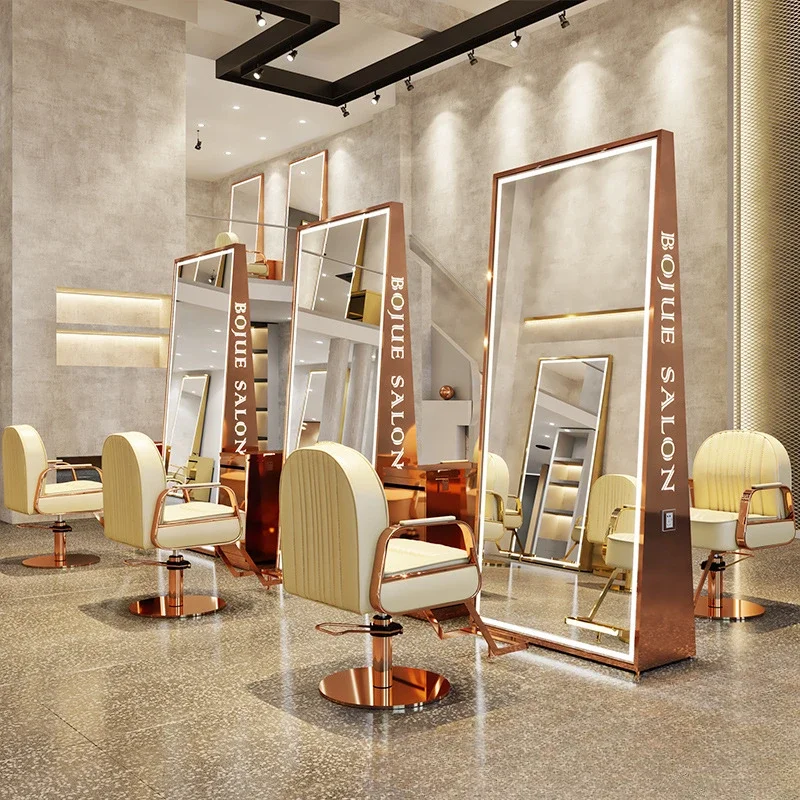 Barber shop mirror stand single and double-sided floor-to-ceiling mirror hair salon mirror with lamp stainless steel haircut mir