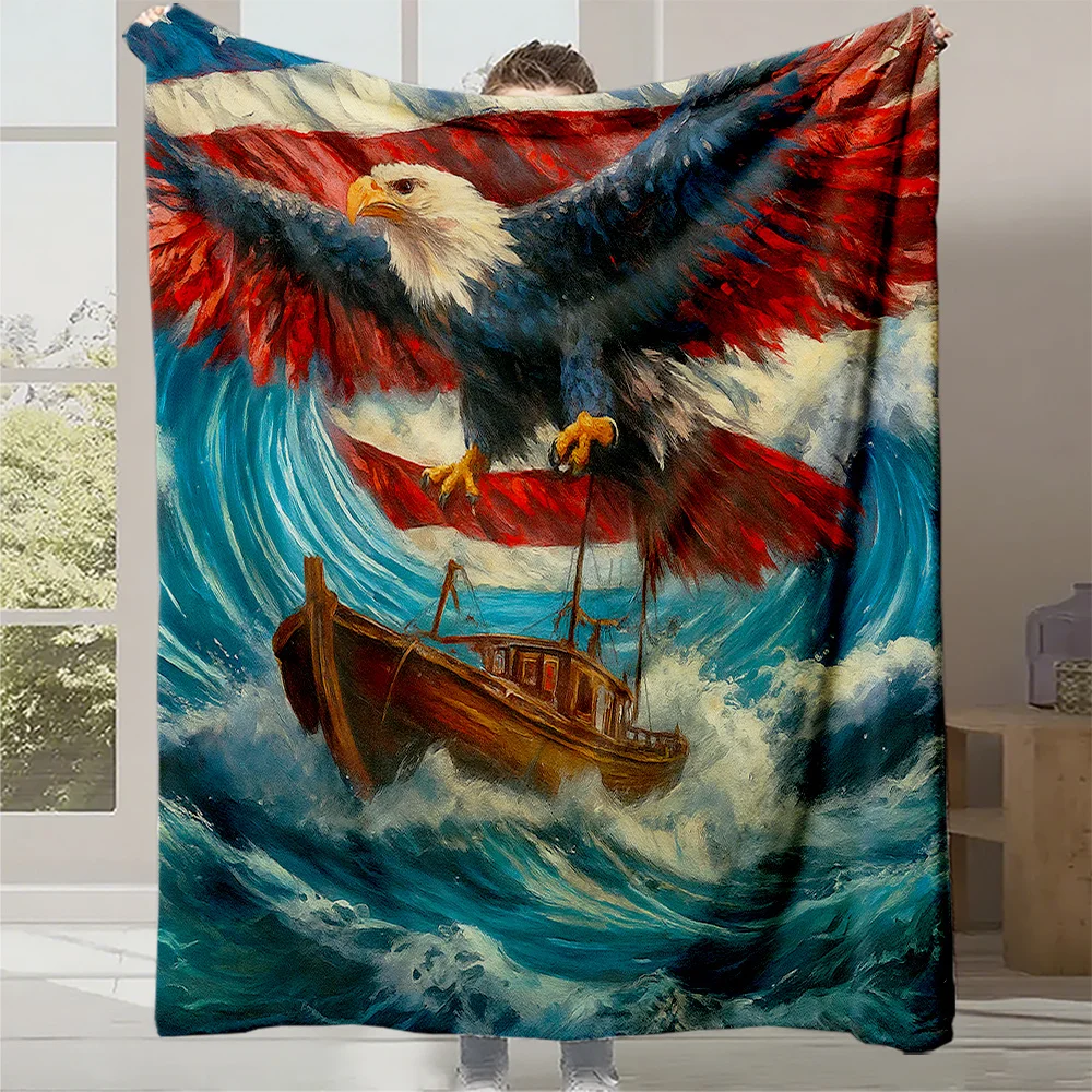 1pc American Bald Eagle & USS Constitution ( Ironsides) Sailing Ship Print Blanket - Heavy-Duty Quilted All-Season Bedspread