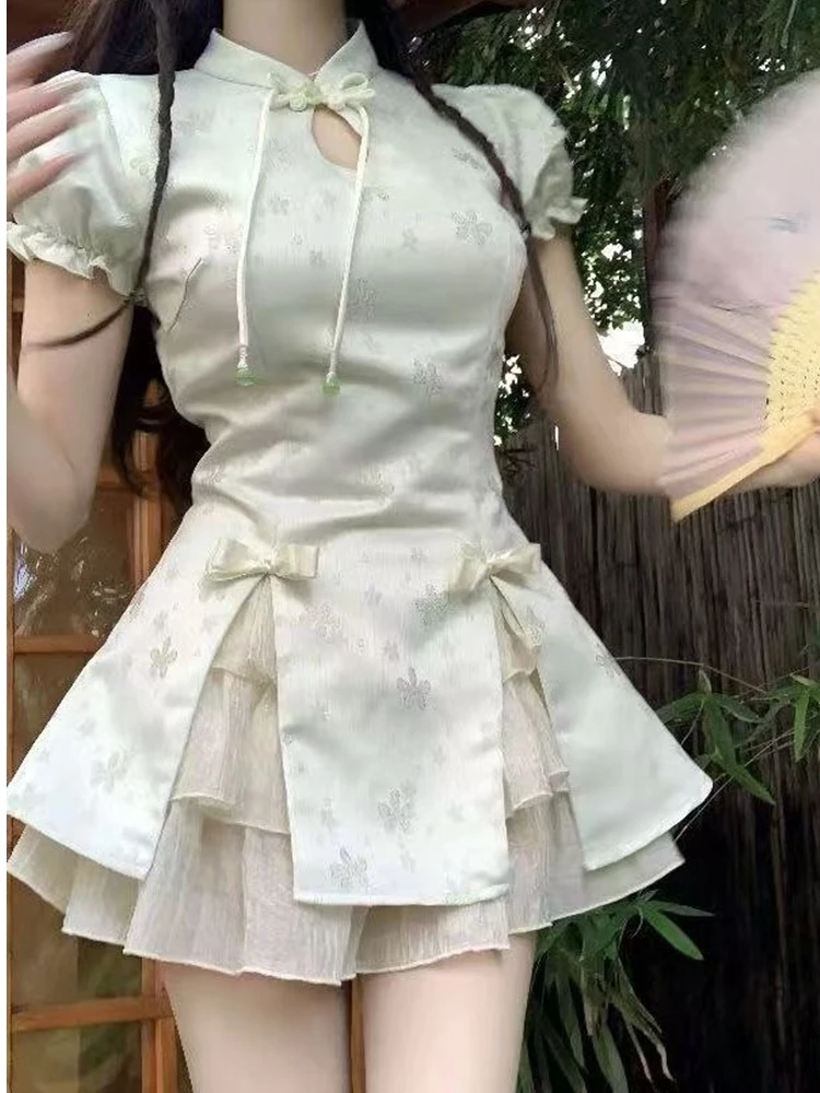 

Chic Short Skirt Set for Women Summer Slimming National Style Design Vintage Chinese Dress Two-Piece Ensemble Knot