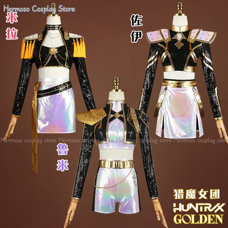 Zoey Mira Rumi Huntrix Take Down Stage Outfit Black Golden Cosplay Costume Wig Movie Kpop Demon Hunters Cosplay Korea Idol Dress - Image 2