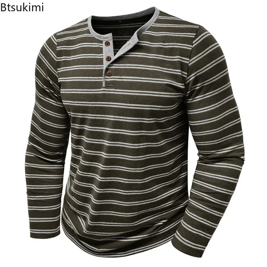 

2025 Men's Striped Long Sleeve T-shirts Spring Autumn Casual All-match O Neck Button-up Pullover Tops Men Vintage Henley Shirts