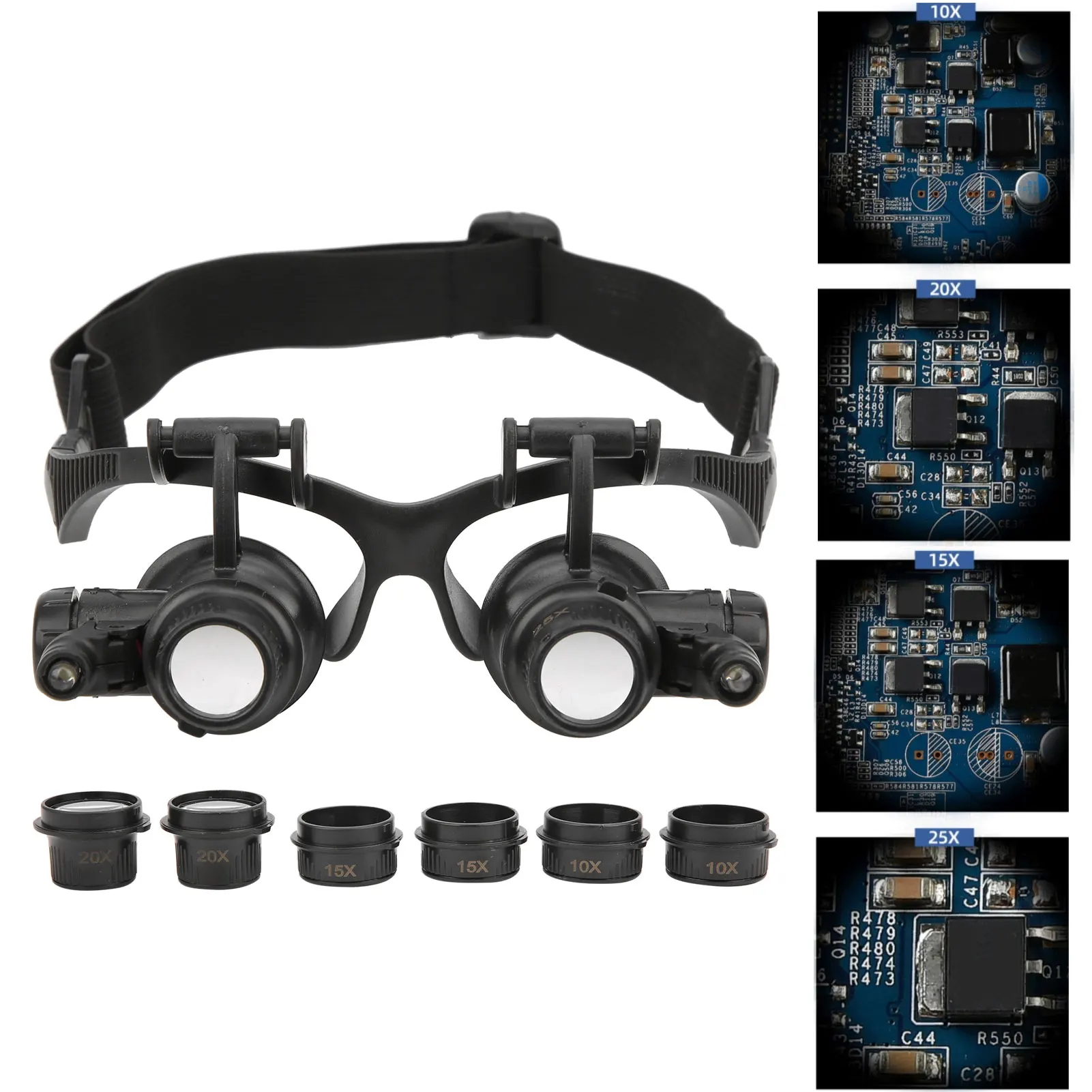 Binocular Glass Magnifier, Jewelry Magnifying Glass with 2 LED Light + 8 Interchangeable Lens 10X 15X 20X 25X