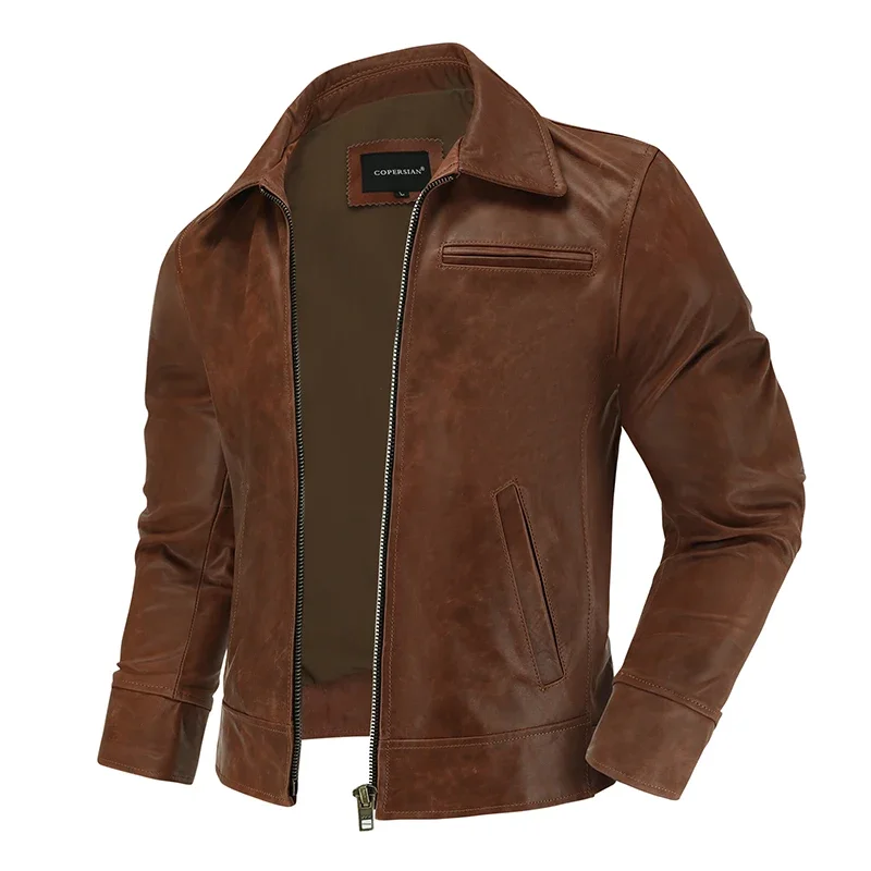 First Layer Cowhide Waxed Leather Tuxedo Motorcycle Leather Jacket Men\'s Biker Jacket Slim Lapel Short Coat