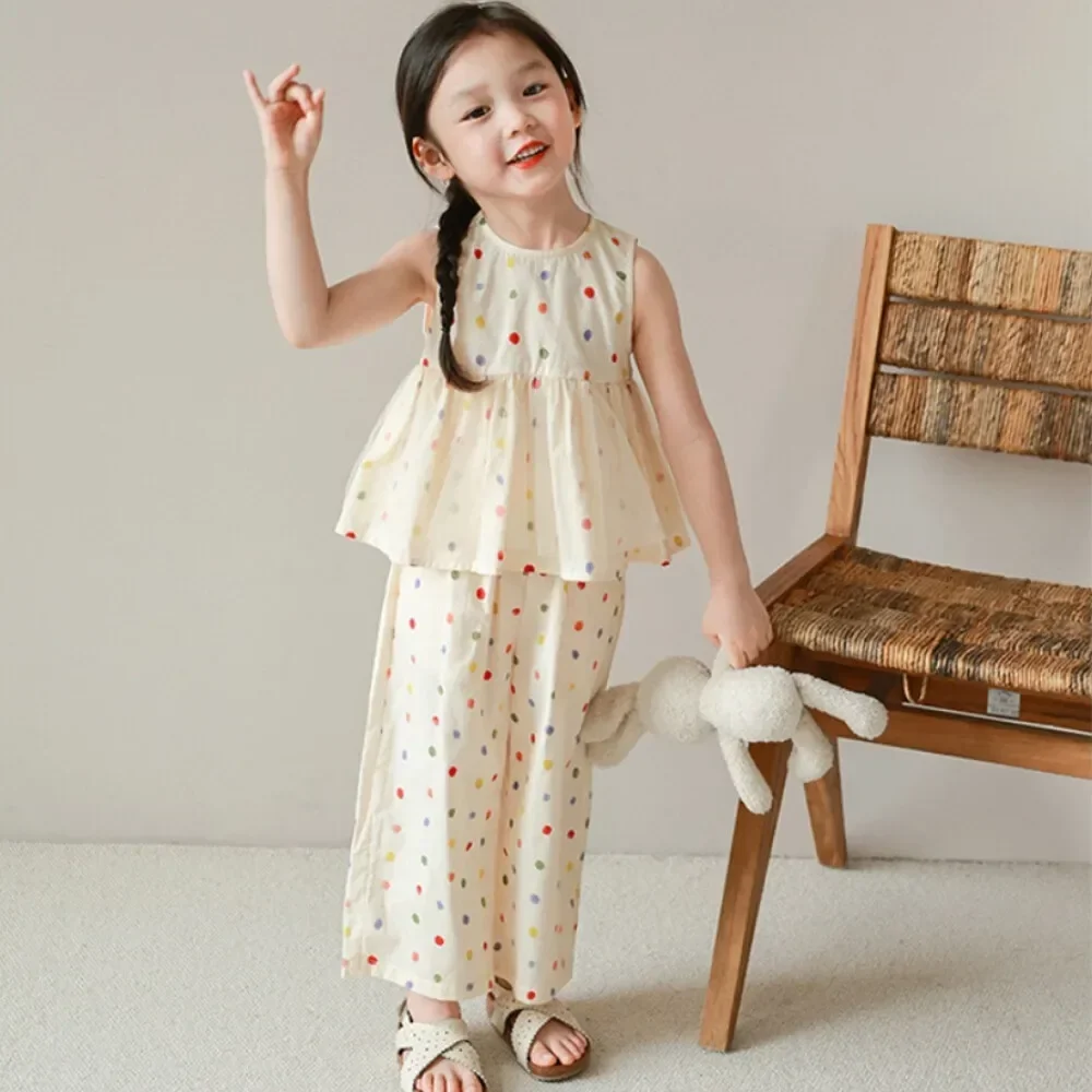 Summer Mesh Kids Sets Sleeveless Polka Dot Top + Wide Leg Pants 2 Pieces Suits Girls Clothing Casual Outfits 3-7 Y