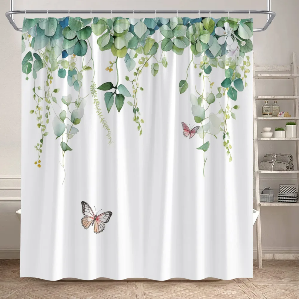 Floral Shower Curtain Watercolour Purple Lavender Flowers Butterfly Plants Leaves Bathroom Curtains Fabric Home Decor with Hooks