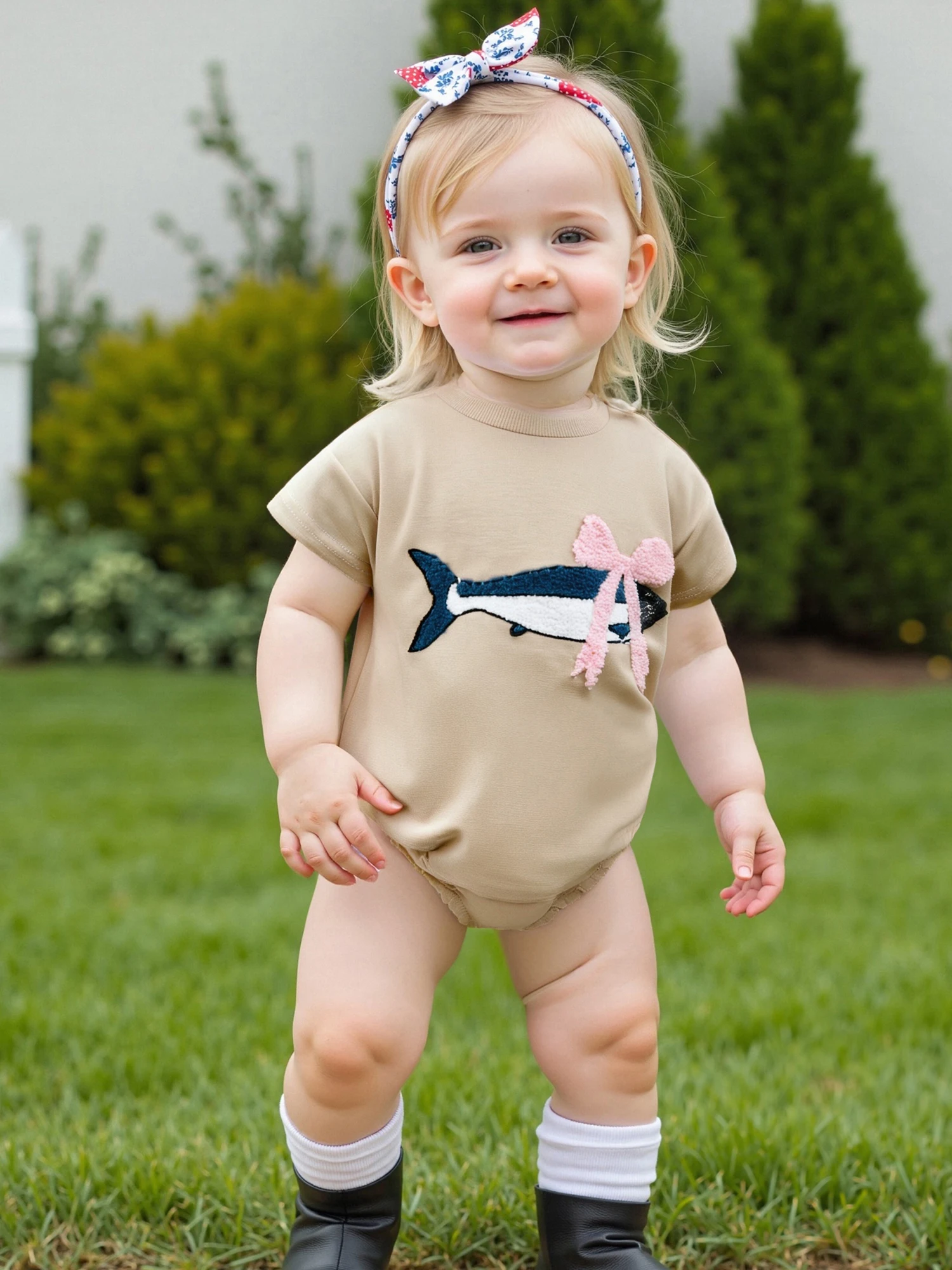 

Infant Baby Girls Romper Toddler Short Sleeve Round Neck Bow Fish Embroidery Jumpsuits Newborn Clothes