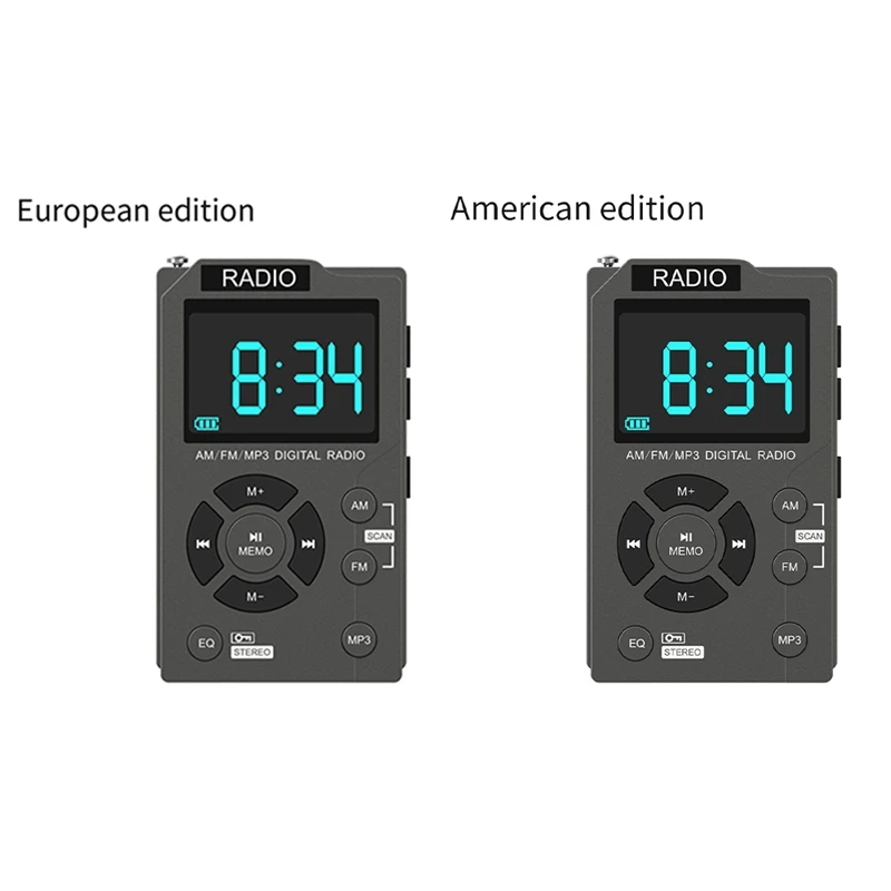 Portable Mini Radio Pocket AM FM Digital Radio Stereo Receiver Auto-Search Channel TF Card MP3 Music Player America Grey