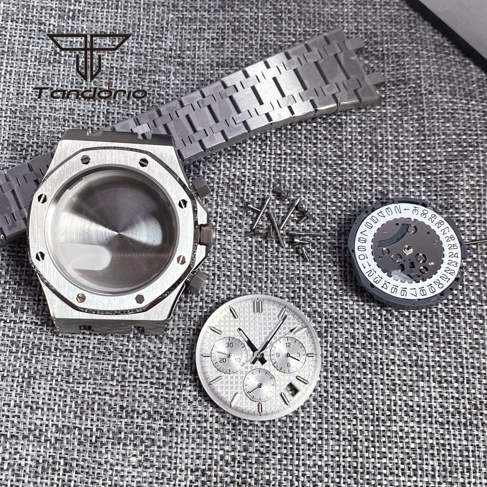 Stainless Steel Brushed 42mm Watch Case Bracelet Octagon Bezel Sapphire Crystal Fit VK63 VK64 Chronograph Quartz Movement