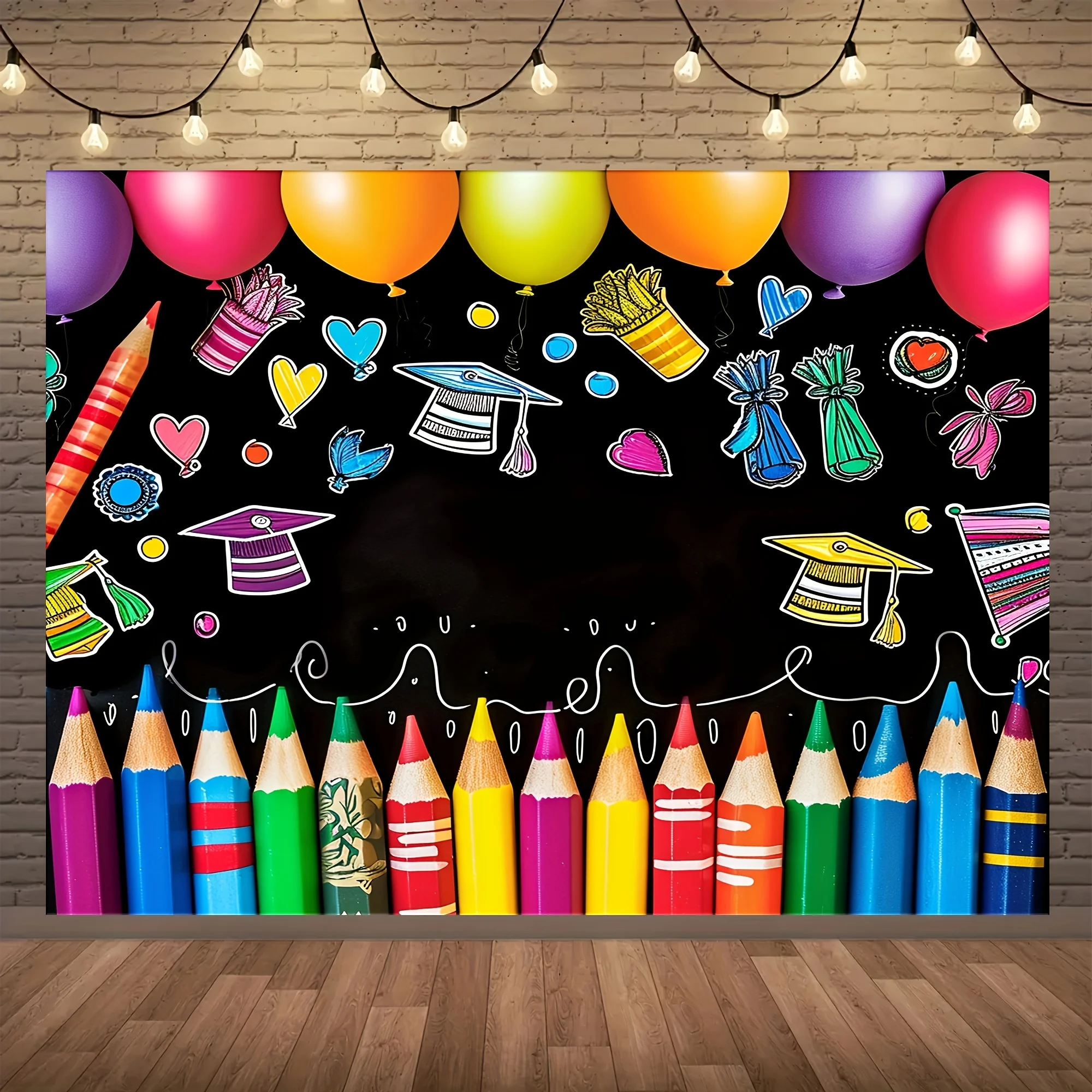 Colorful Crayon Pattern First Day Of School Backdrop-Polyester Banner For Classroom & Graduation Party Decor, Indoor/Outdoor Use