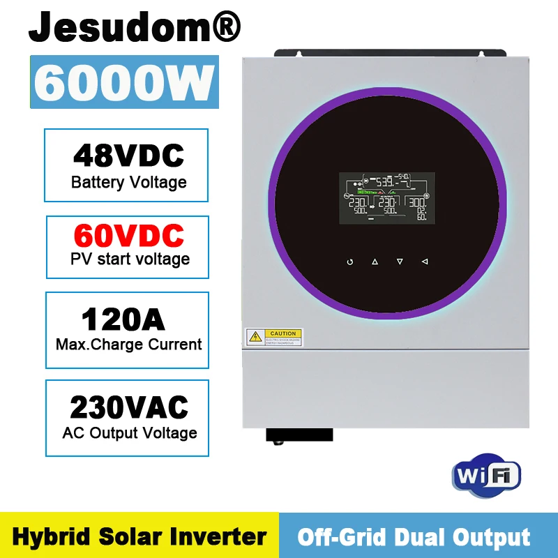 6KW Off Grid Inverter 48VDC to 230VAC Built-in Wi-Fi with 120A MPPT Solar Charge Controller Solar Hybrid Inverter