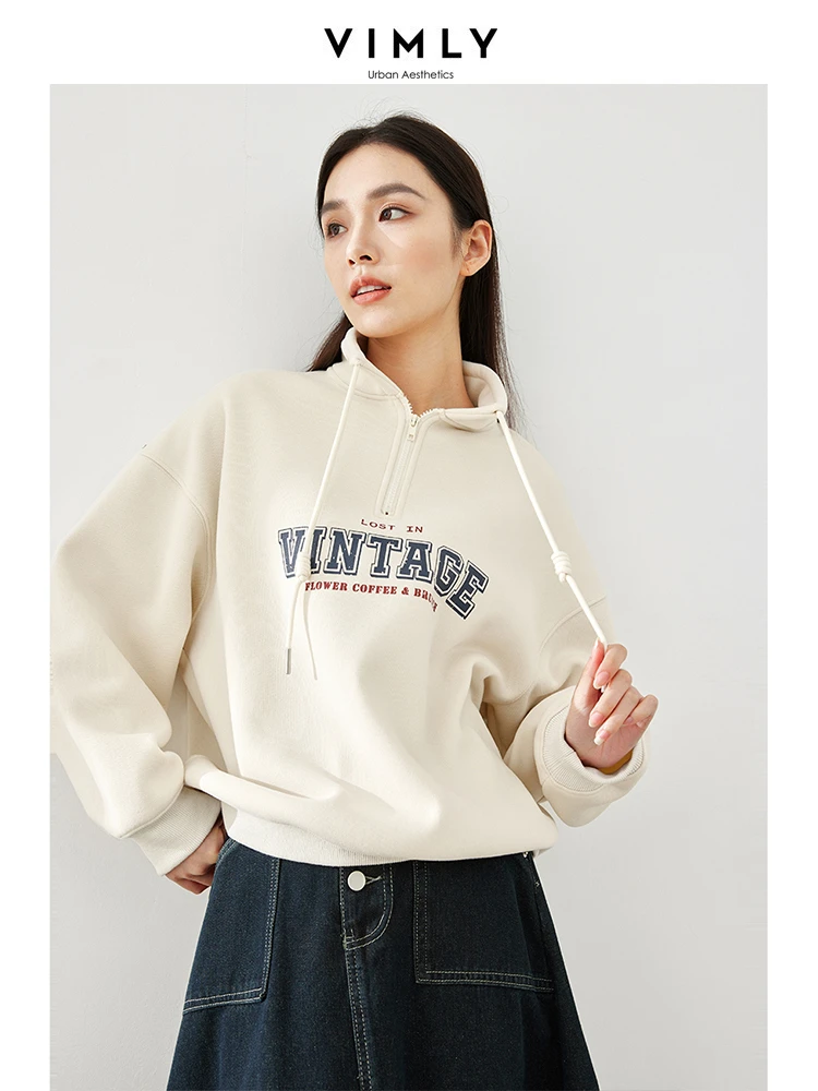 Vimly Oversize Fleece Sweatshirt Women 2023 Winter Stand Collar Half Zipper Casual Letter Printed Pullover Long Sleeve Top M5751