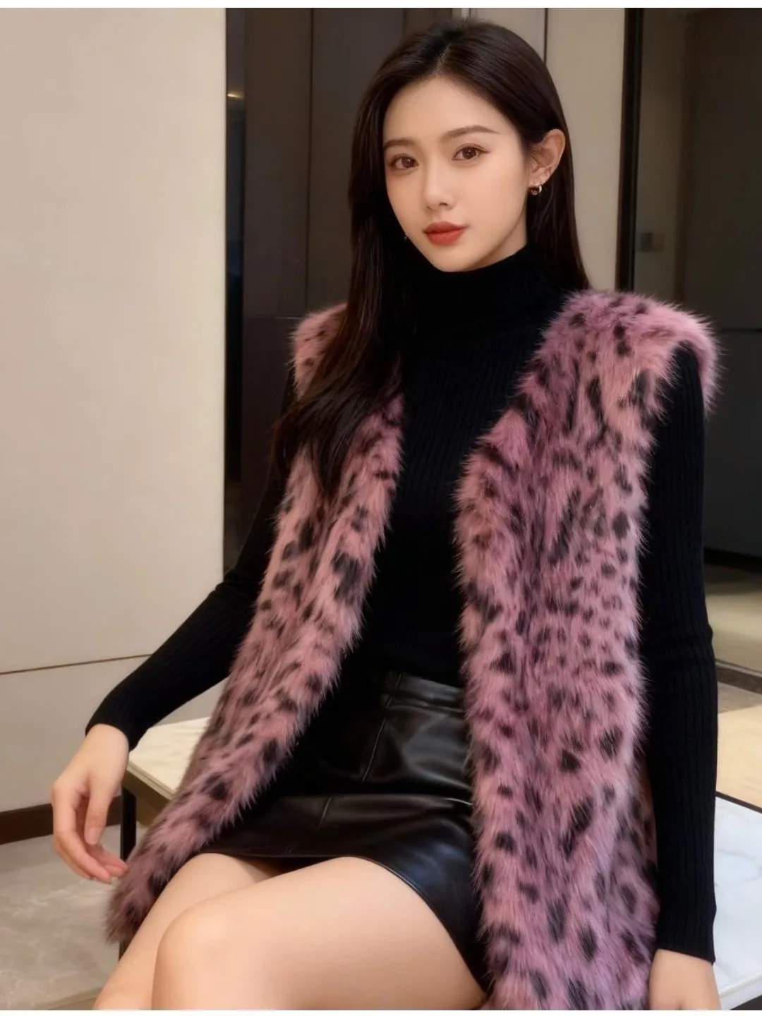 Faionable Winter High-End Leopardenmuster Pelzweste Oberbekleidung Damen Jaet Oberbekleidung Elite Sense Svel Top irt