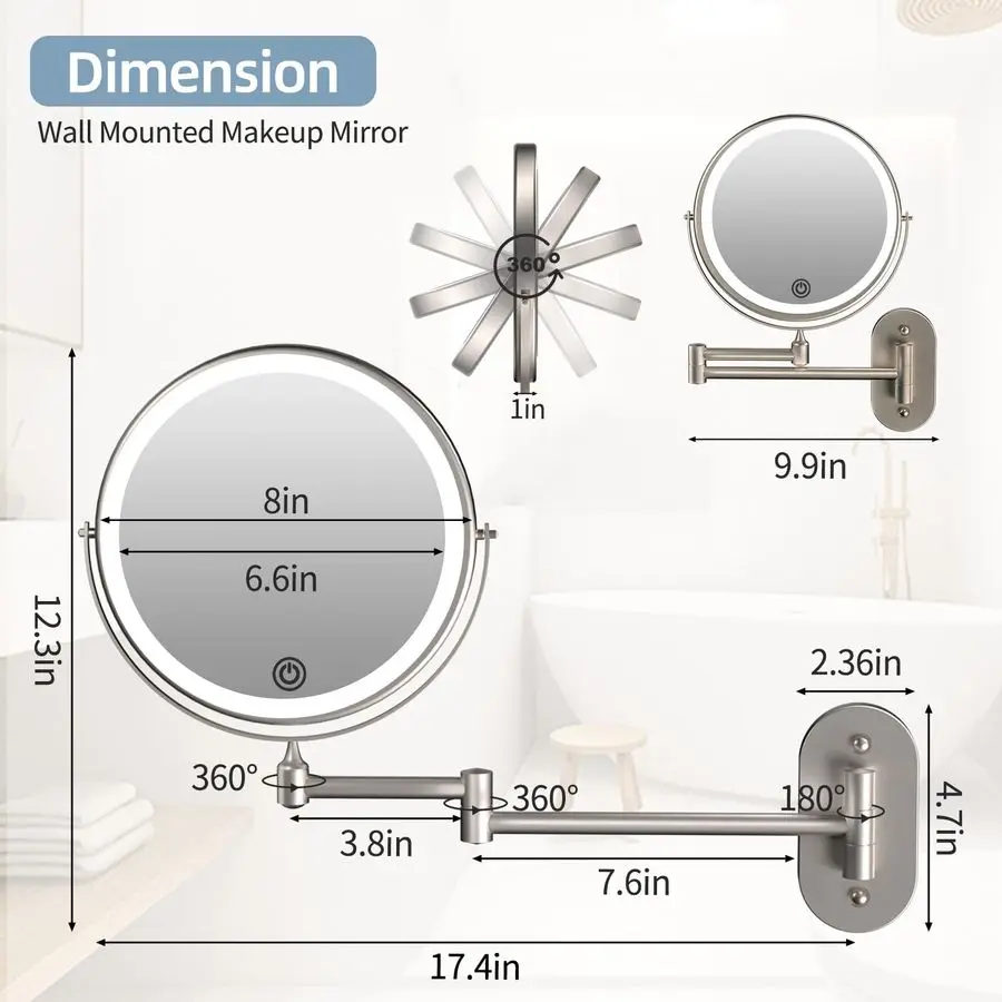 مرآة مكياج مضاءة مثبتة على الحائط 8 بوصة 1X 10X مرآة مكبرة مع 3 أضواء ملونة، مرآة حمام مزدوجة الجوانب مع #5