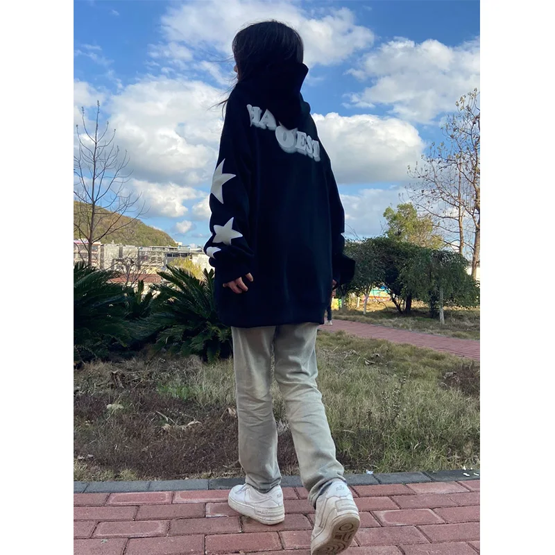 

American Retro Star Black Sweatshirt Women Oversize Spring Autumn Small Size High Street Trendy Top Couple Jacket
