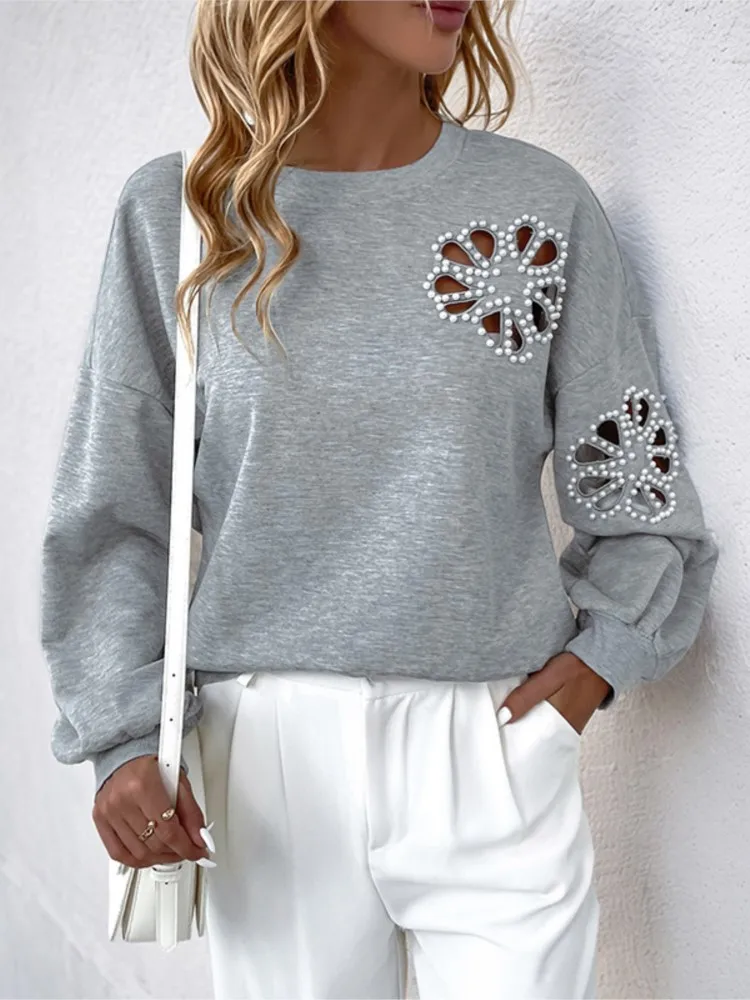 Women's Clothing Casual Elegant Pearl-embellished Hollow Flower Pattern Round Neck Long-sleeved Sweatshirt Simple Style Trendy