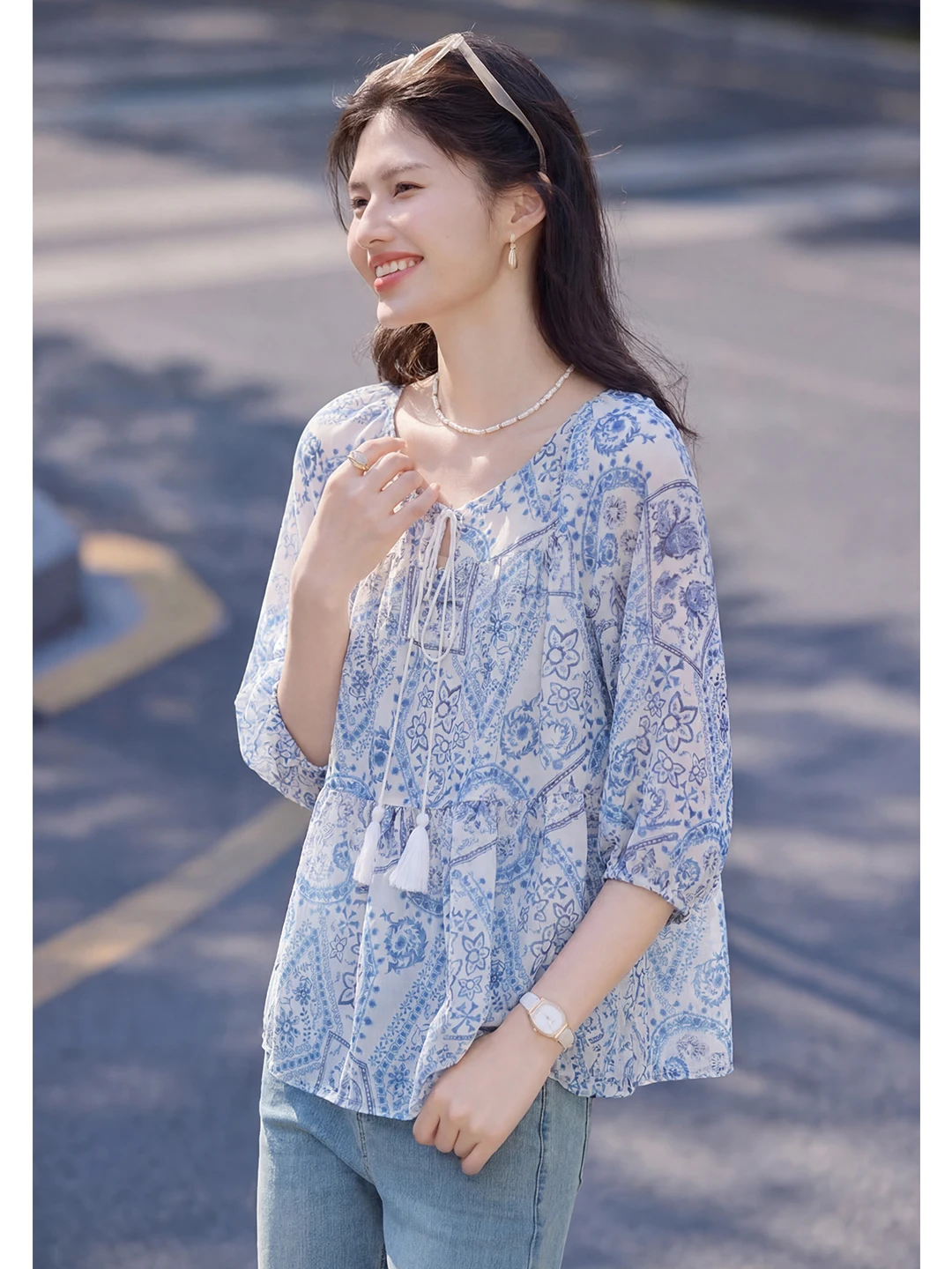 

Xin Fei Yu Floral Print Casual Style Women's Shirt Short Sleeve Slimming Design Summer New Fashion Vacation Theme Top