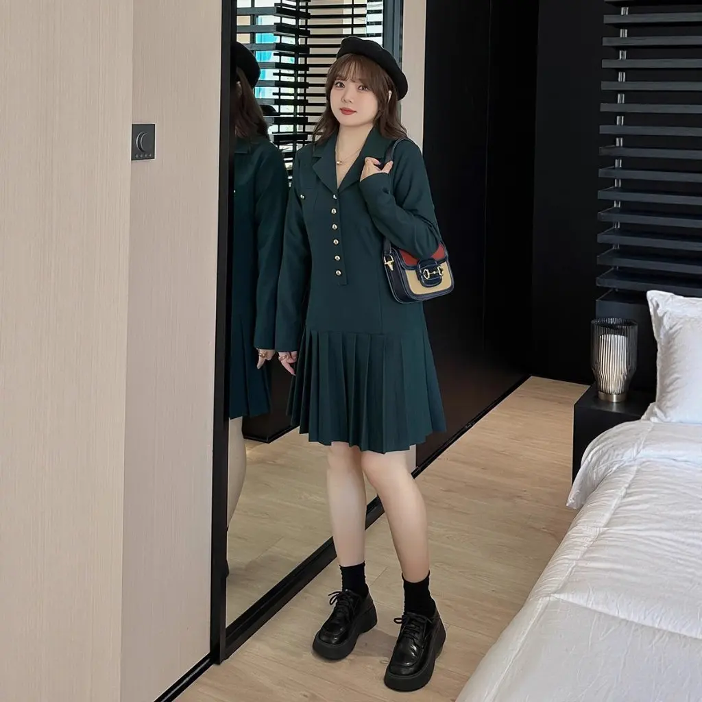 

K2142 Plus-Size Elegant Temperament Pleated Skirt Dress for Women Autumn Winter Chubby Girls Petite Figures Collar Suit