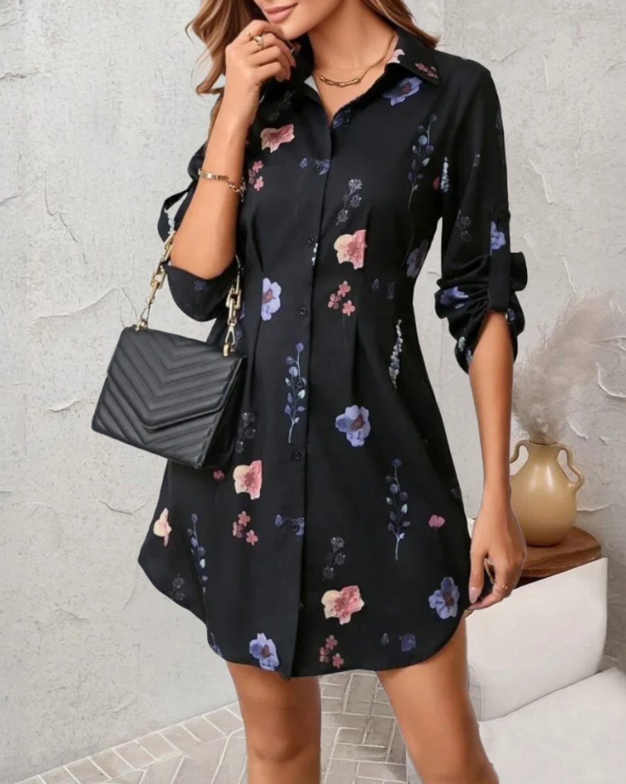 Women's Autumn Fashion Flower Print Long Sleeve Midi Dress Femme Casual Shirt Dress Slim Waist Beach Dress