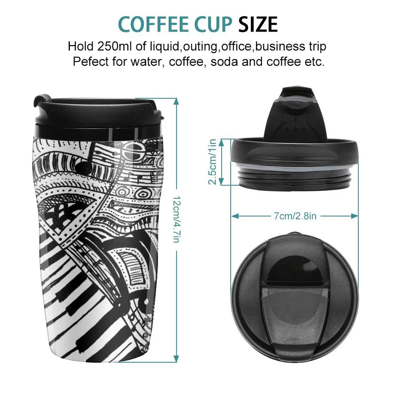 New Classical music doodle with piano keyboard Travel Coffee Mug Coffee Cup To Go Custom Mug