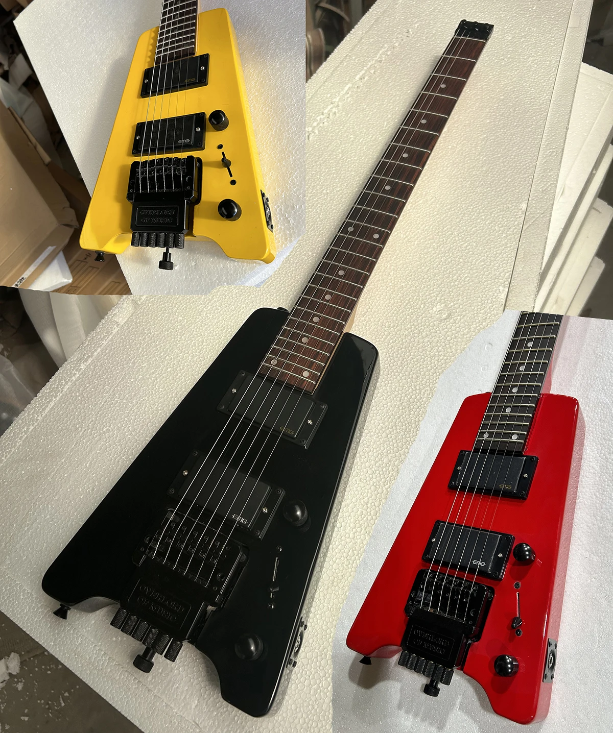 Factory Headless Black&Red&Yellow 6 Strings Electric Guitar Rosewood Fretboard Maple Neck HH Pickups Active Customizable