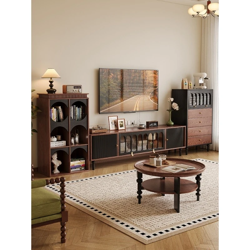 Medieval solid wood display cabinet Multifunctional bookcase Retro style TV side cabinet Living room storage rack