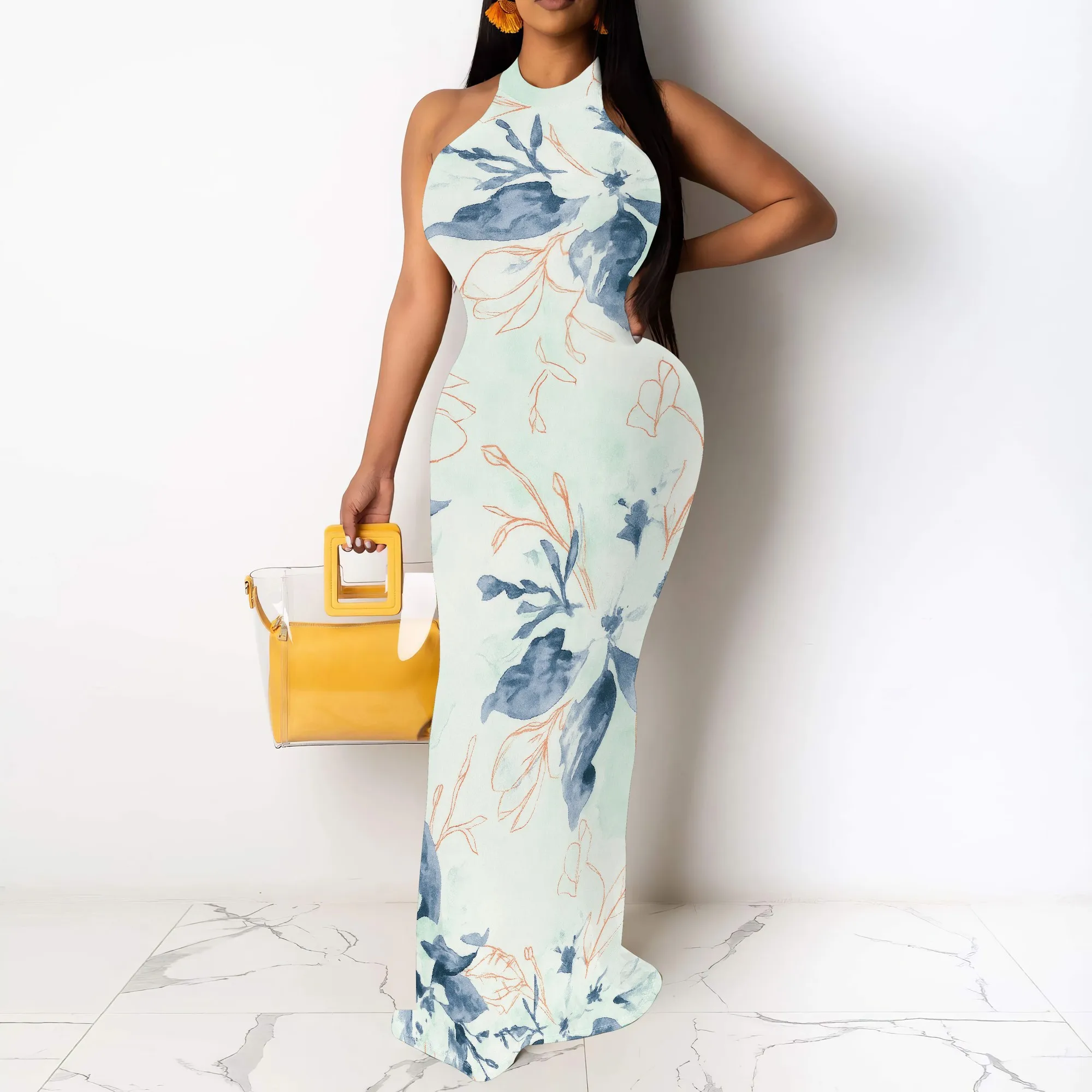 ผู้หญิงเซ็กซี่Bodycon MaxiชุดTie Dye Beachฤดูร้อนชุดHalter BacklessวันหยุดยาวSundress