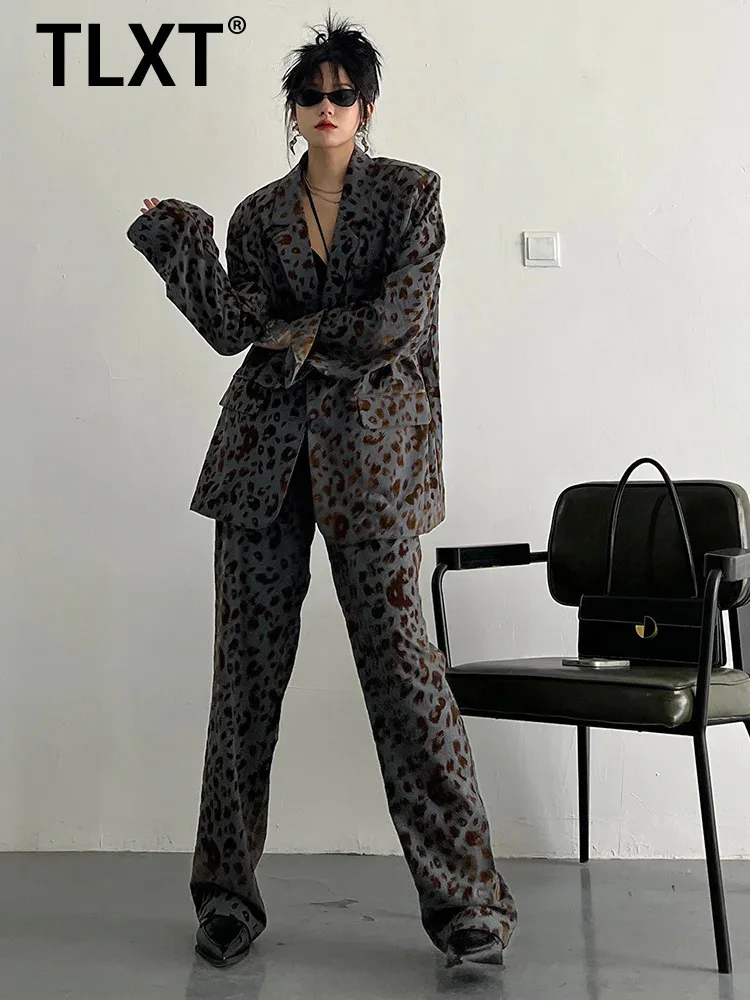 

TLXT Костюм из двух предметов, широкие брюки с леопардовым принтом, большой размер, новый лацкан с длинным рукавом, женская мода, весна-осень 2024, XK1305