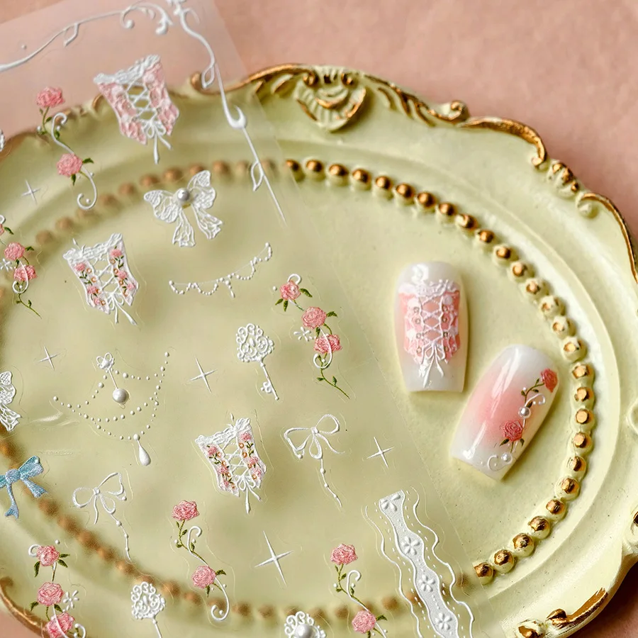 Retro Lace Corset Laced Bodice Wrap Top British Classical Dress Bowknot Rose Star Key Adhesive Nail Art Sticker Manicure Decals