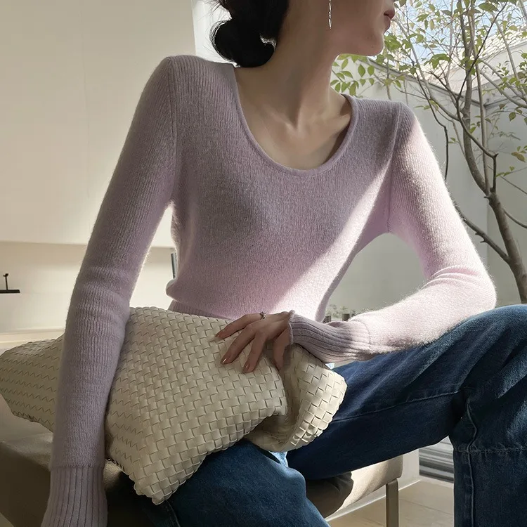 Women's Autumn/Winter New Short Knitted Top French Elegant U-Neck Long Sleeve Sweater Purple Slimming Thin Bottom Shirt